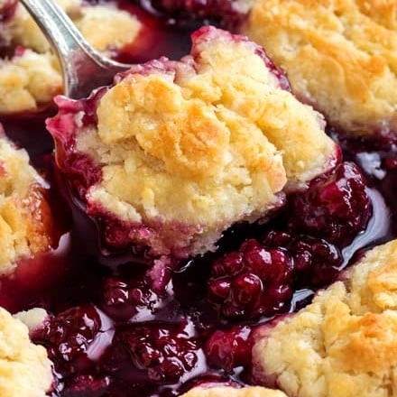 This easy summer blackberry cobbler is made with fresh berries and a sweet biscuit-like topping! Top with ice cream and enjoy! #cobbler #dessert #easyrecipe #blackberry #summerrecipe #berries #homemade