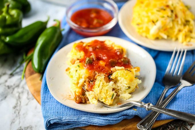 Hashbrown casserole topped with salsa