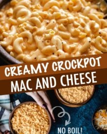 Slow Cooker Mac and Cheese is ultra creamy, and SO easy!  No boiling pasta, no velveeta, and no condensed soups needed.  Perfect side dish or kid-friendly dinner option! #macandcheese #macaroniandcheese #crockpot #slowcooker #easyrecipe #sidedish #potluck #holiday