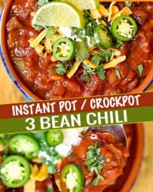 Incredibly flavorful and hearty, this 3 bean chili is made in the Instant Pot and ready in no time!  Vegetarian chili is perfect for game day, tailgating, and weeknight dinners! #chili #vegetarian #instantpot #crockpot #slowcooker #beans #party #gameday