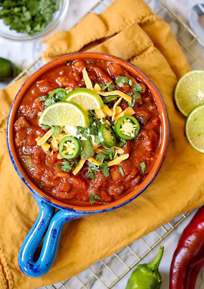 Instant pot 3 bean vegetarian chili in bowl