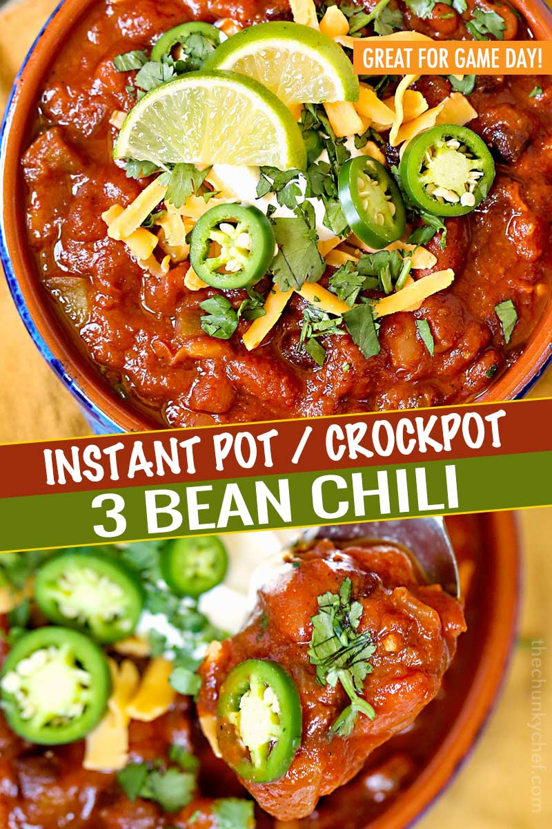 Incredibly flavorful and hearty, this 3 bean chili is made in the Instant Pot and ready in no time!  Vegetarian chili is perfect for game day, tailgating, and weeknight dinners! #chili #vegetarian #instantpot #crockpot #slowcooker #beans #party #gameday