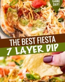 Always a huge crowd-pleaser, this 7 layer dip is literally layer upon layer of bold, mouthwatering flavors!  This appetizer is perfect for any game day party, or holiday gathering! #appetizer #party #gameday #layerdip #7layerdip #beandip #mexican #fiesta