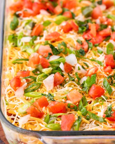 Always a huge crowd-pleaser, this 7 layer dip is literally layer upon layer of bold, mouthwatering flavors!  This appetizer is perfect for any game day party, or holiday gathering! #appetizer #party #gameday #layerdip #7layerdip #beandip #mexican #fiesta