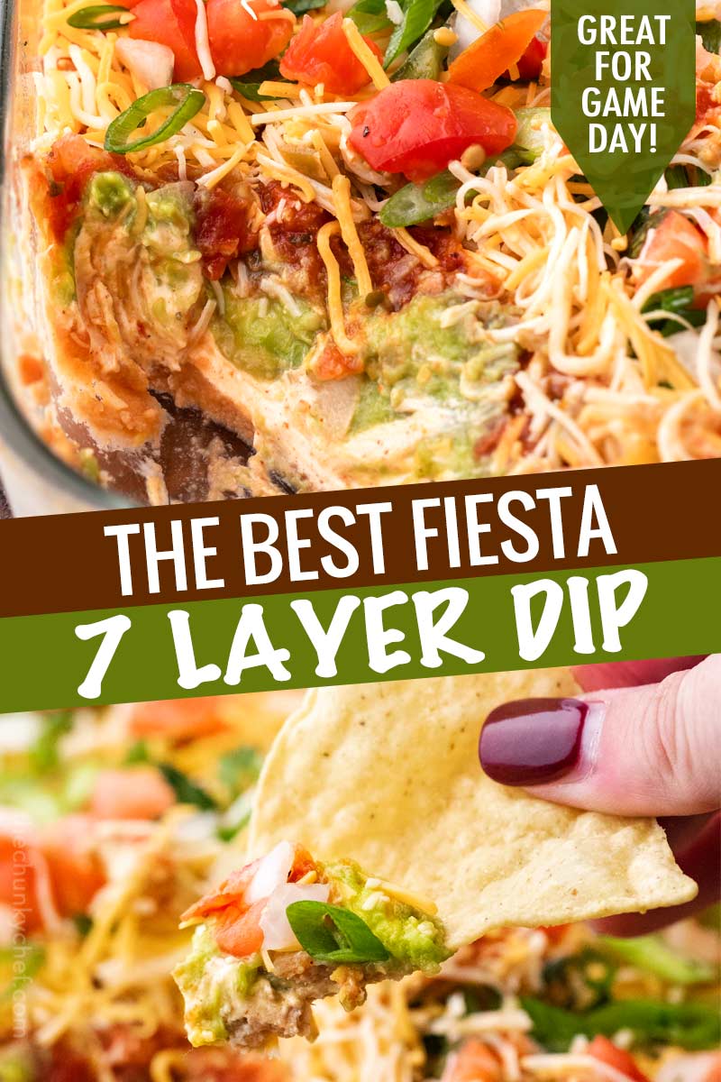 Always a huge crowd-pleaser, this 7 layer dip is literally layer upon layer of bold, mouthwatering flavors!  This appetizer is perfect for any game day party, or holiday gathering! #appetizer #party #gameday #layerdip #7layerdip #beandip #mexican #fiesta