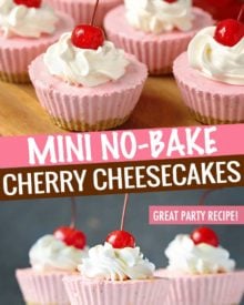 Rich and easy to make, this individual no-bake cherry cheesecake recipe is perfect for beginners and experts alike.  Just 8 simple, common ingredients, and about 10 minutes of hands-on work! #cheesecake #nobake #dessert #cherry #minidessert #individualdessert #party #easydessert