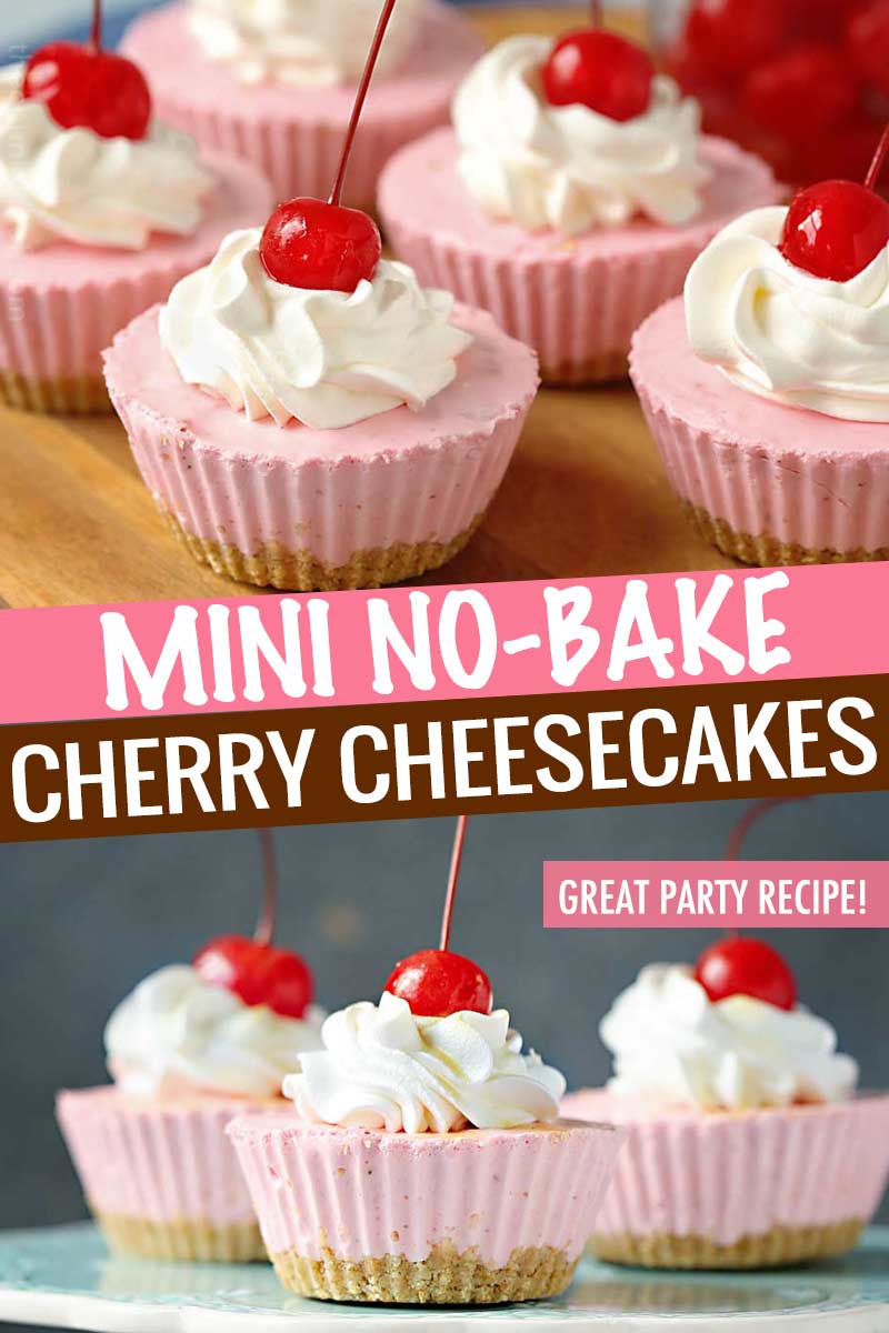 Rich and easy to make, this individual no-bake cherry cheesecake recipe is perfect for beginners and experts alike.  Just 8 simple, common ingredients, and about 10 minutes of hands-on work! #cheesecake #nobake #dessert #cherry #minidessert #individualdessert #party #easydessert