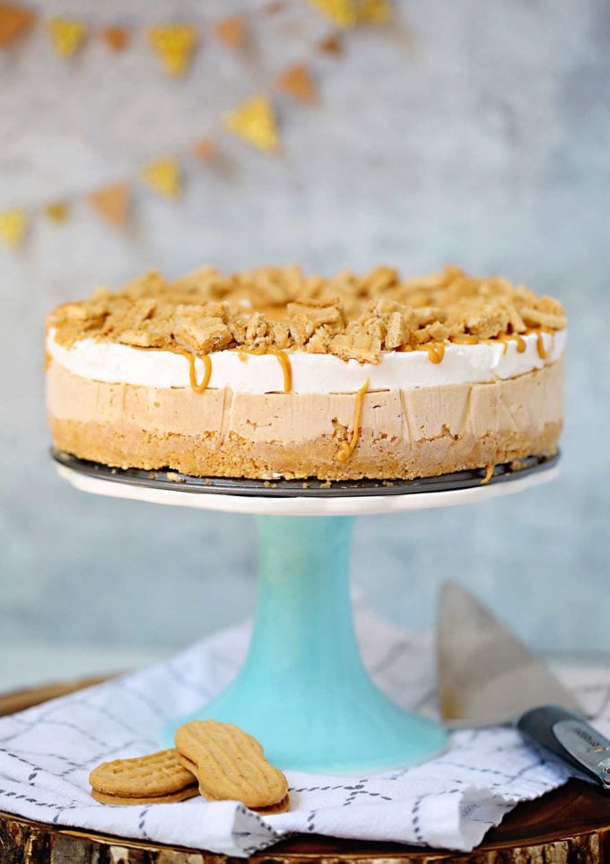 No bake peanut butter pie on cake stand