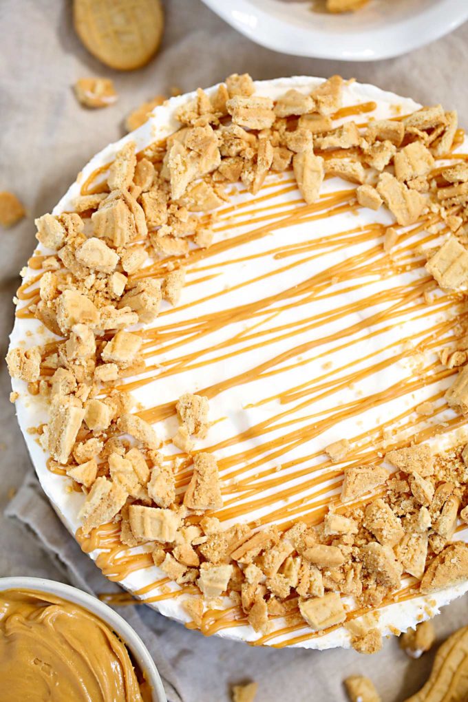 Easy no bake peanut butter pie with toppings