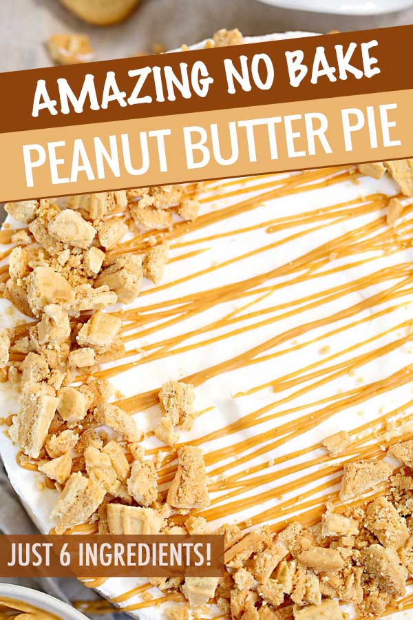 A true peanut butter lovers' dream, this easy no bake peanut butter pie is made with just 6 ingredients!  The nutter butter crust is unbelievable! #nobake #dessert #peanutbutter #nutterbutter #pie #easyrecipe #easydessert