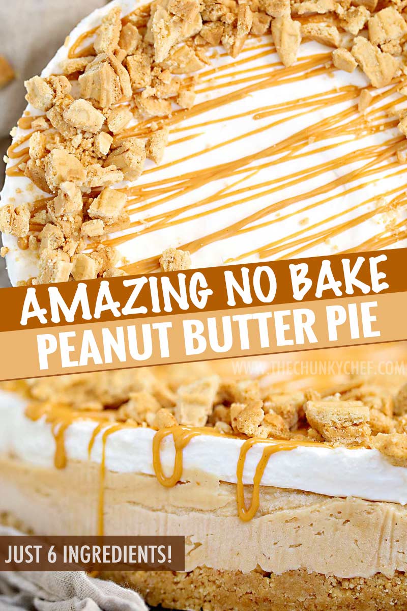 A true peanut butter lovers' dream, this easy no bake peanut butter pie is made with just 6 ingredients!  The nutter butter crust is unbelievable! #nobake #dessert #peanutbutter #nutterbutter #pie #easyrecipe #easydessert