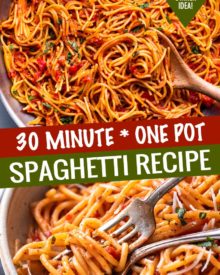 The best thing to happen to easy weeknight dinner - One Pot Spaghetti!  The pasta cooks IN the homemade sauce, so it absorbs every bit of flavor possible, leaving you with only one pot to wash and dinner ready in 30 minutes! #spaghetti #italian #pasta #dinner #easyrecipe #weeknightmeal #onepot #onepan