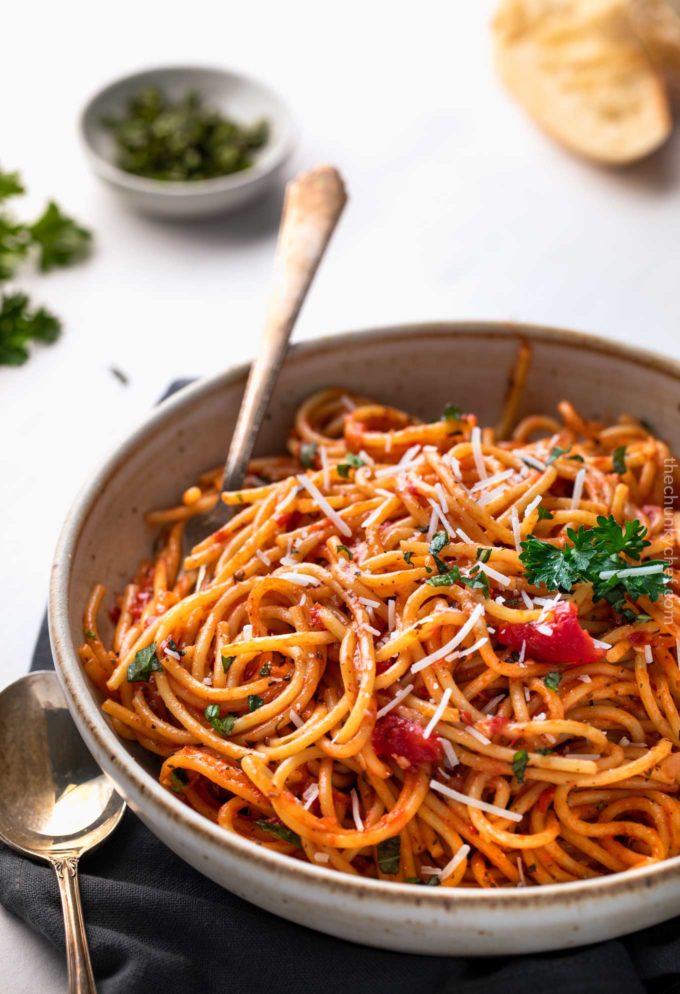 One pot spaghetti in bowl with fork