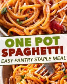 The easiest weeknight dinner, made almost entirely with only pantry ingredients! One pot to wash, and dinner is ready in 30 minutes! #spaghetti #italian #pasta #pantry #dinner #easyrecipe #weeknightmeal #onepot #onepan