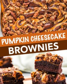 Fudgy brownie batter swirled together with creamy pumpkin cheesecake, then topped with a pecan streusel... it's the perfect Fall dessert!  Easy to make, and oh so incredibly delicious! #brownies #pumpkin #cheesecake #Fall #autumn #dessert #easyrecipe #baking