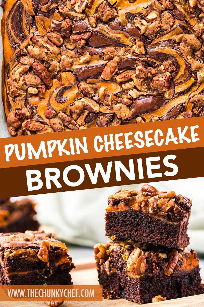 Fudgy brownie batter swirled together with creamy pumpkin cheesecake, then topped with a pecan streusel... it's the perfect Fall dessert!  Easy to make, and oh so incredibly delicious! #brownies #pumpkin #cheesecake #Fall #autumn #dessert #easyrecipe #baking