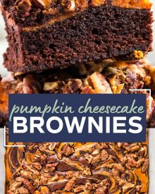 Fudgy brownie batter swirled together with creamy pumpkin cheesecake, then topped with a pecan streusel... it's the perfect Fall dessert!  Easy to make, and oh so incredibly delicious! #brownies #pumpkin #cheesecake #Fall #autumn #dessert #easyrecipe #baking