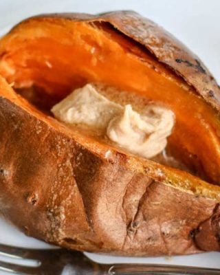 Perfectly baked sweet potatoes, every time! Crispy on the outside and oh so fluffy on the inside, and with a quick 5 minute prep too! Perfect side dish for dinner or a holiday event. #sweetpotato #sidedish #side #holiday #baked #airfryer #roasted #thanksgiving #recipe