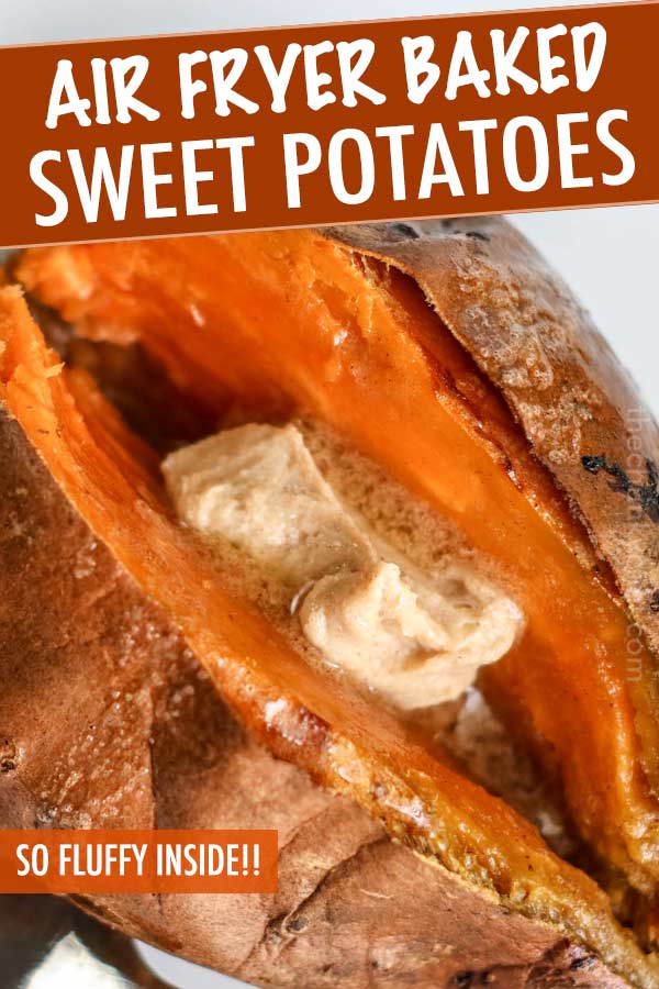 Perfectly baked sweet potatoes, every time!  Crispy on the outside and oh so fluffy on the inside, and with a quick 5 minute prep too!  Perfect side dish for dinner or a holiday event. #sweetpotato #sidedish #side #holiday #baked #airfryer #roasted #thanksgiving #recipe