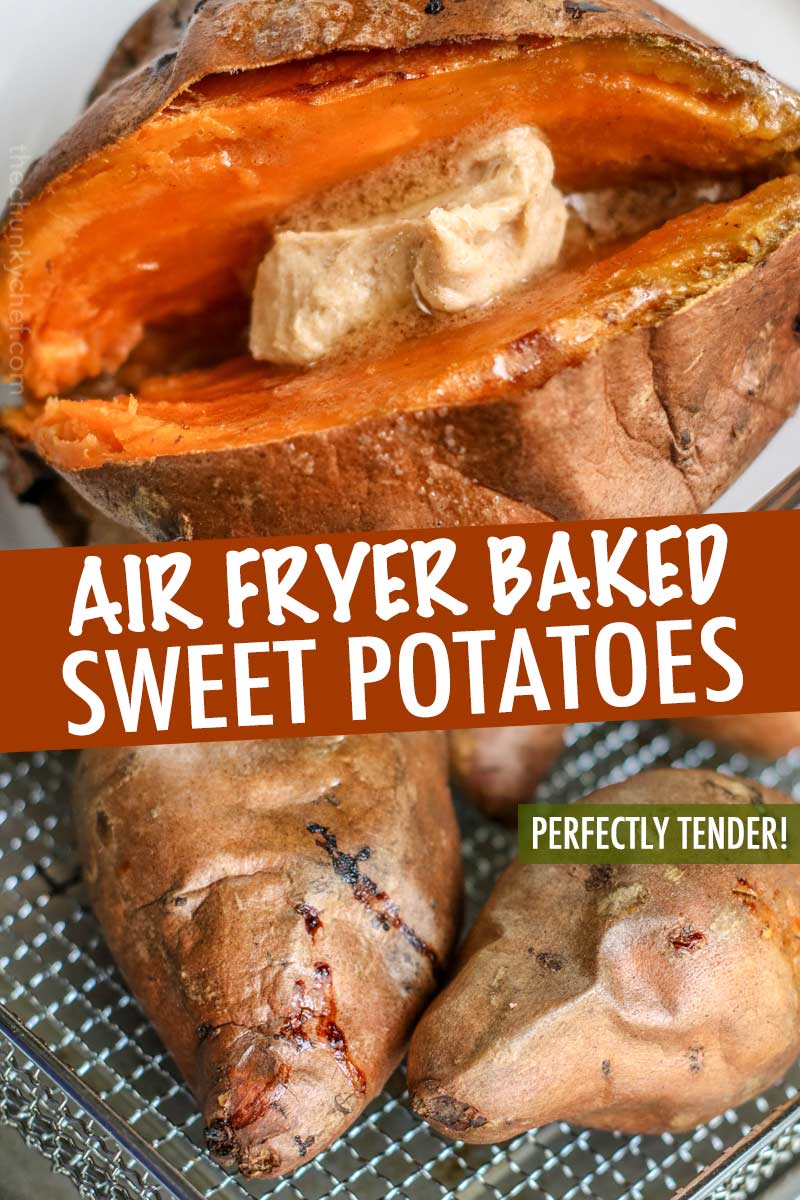 Perfectly baked sweet potatoes, every time!  Crispy on the outside and oh so fluffy on the inside, and with a quick 5 minute prep too!  Perfect side dish for dinner or a holiday event. #sweetpotato #sidedish #side #holiday #baked #airfryer #roasted #thanksgiving #recipe
