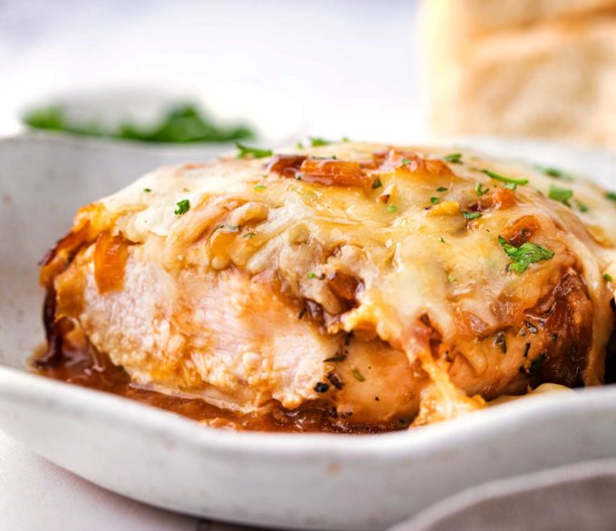 Slicing into french onion baked chicken