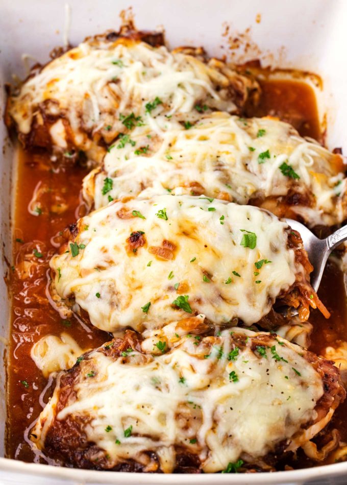 French onion baked chicken in baking dish