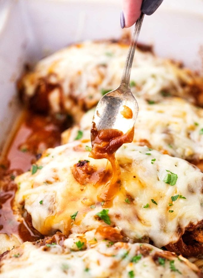 Caramelized onions on french onion baked chicken