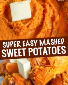 Ultra creamy mashed sweet potatoes (made sweet or savory), perfect for the holidays and made with just 3-4 ingredients!  Great to make ahead too! #sweetpotato #mashed #sweetpotatoes #thanksgiving #holiday #sidedish #easyrecipe #makeahead