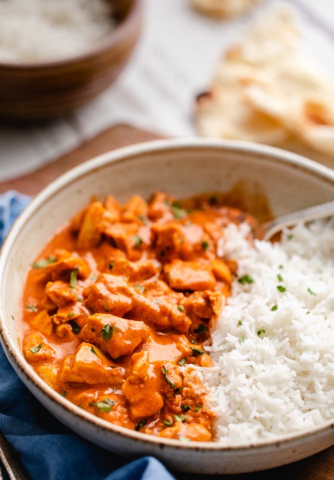 Chicken tikka masala in bowl with rice