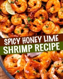 Spicy Honey Lime Shrimp, a quick, 15 minute one pan recipe that's perfect for weeknight dinner!  Garlicky, sweet, and spicy, these shrimps are perfect as a main dish, taco filling, or on a salad! #shrimp #honeylime #spicy #15minutemeal #easyrecipe #quickdinner #weeknightrecipe #dinner #seafood