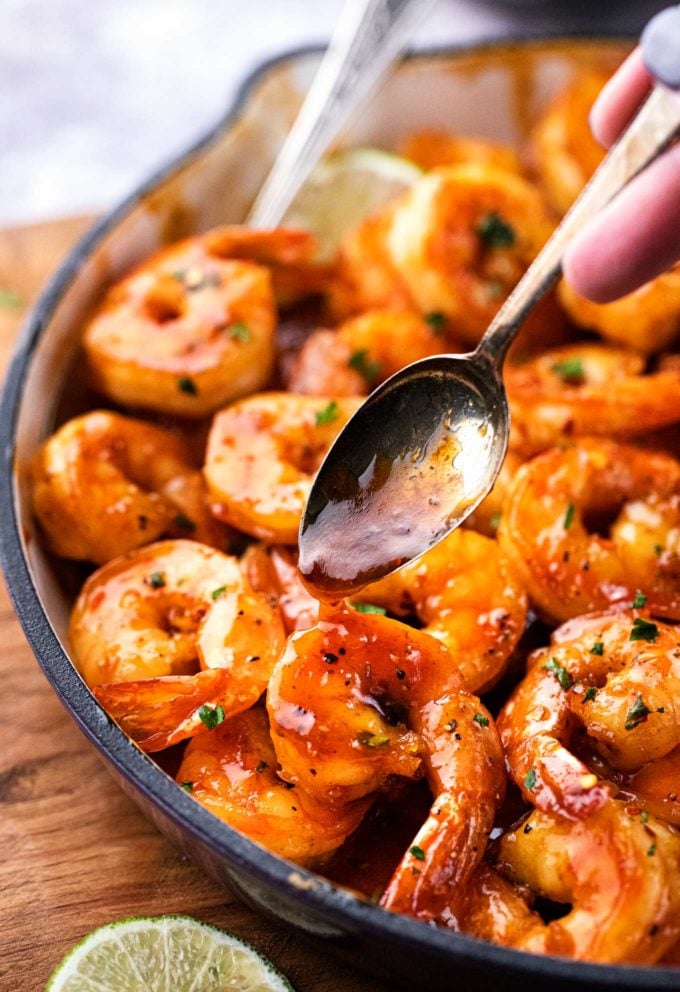 Glazed honey lime shrimp recipe in skillet