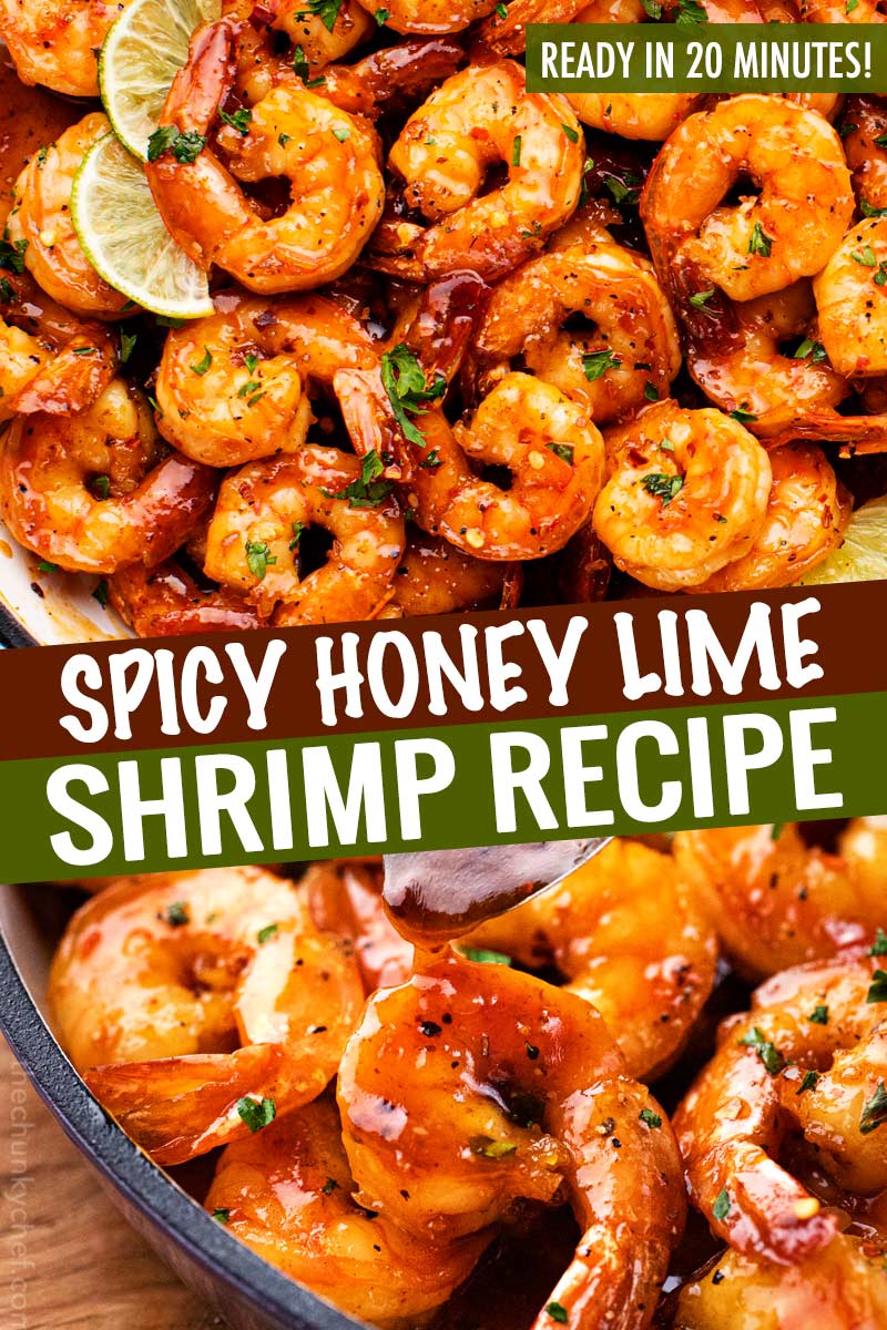 Spicy Honey Lime Shrimp, a quick, 15 minute one pan recipe that's perfect for weeknight dinner!  Garlicky, sweet, and spicy, these shrimps are perfect as a main dish, taco filling, or on a salad! #shrimp #honeylime #spicy #15minutemeal #easyrecipe #quickdinner #weeknightrecipe #dinner #seafood