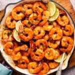 overhead photo of honey lime shrimp in skillet