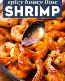 Irresistible seared shrimp glazed in a mouthwatering garlicky, sweet and spicy sauce.  The perfect 15 minute, one pan meal for a hassle-free weeknight dinner!  Serve this shrimp recipe with pasta, rice, or veggies to round out the meal.  And seriously, this sauce is finger lickin' good, and great on chicken or pork too!
