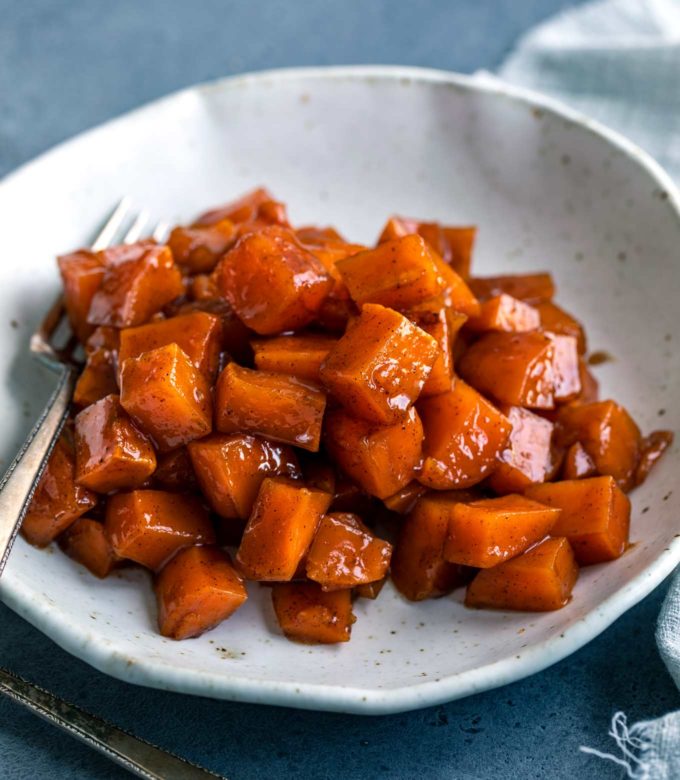 Candied sweet potatoes in bowl