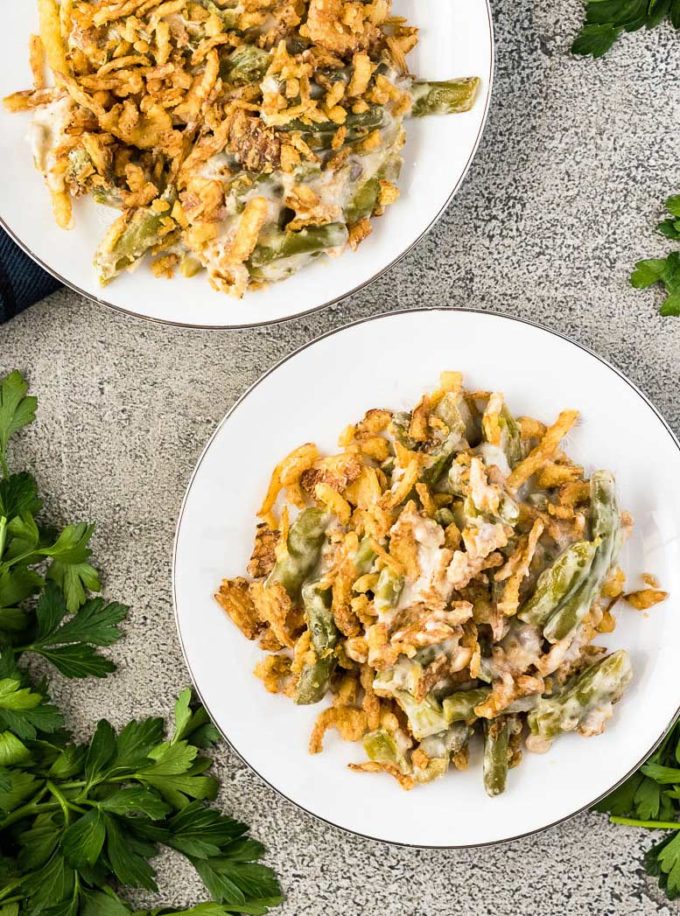 Two plates of green bean casserole