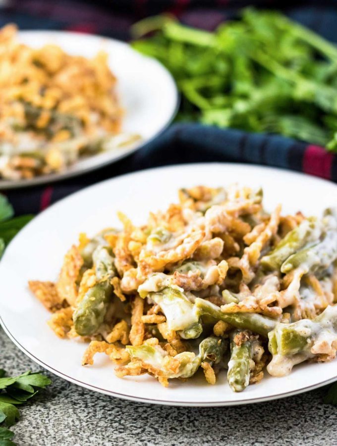 Green bean casserole on white plate