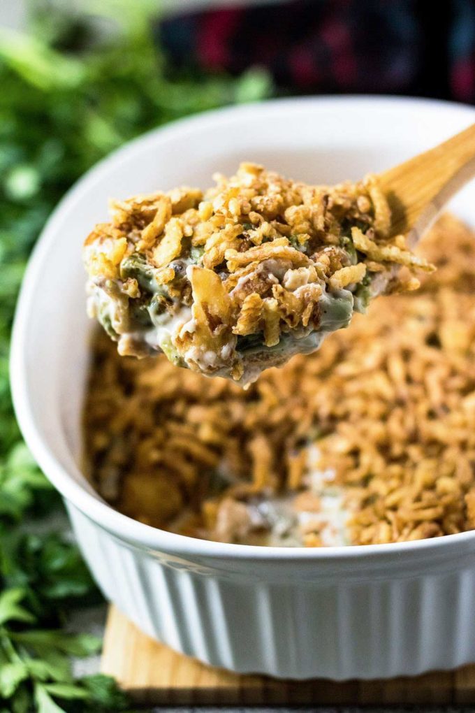 Serving spoonful of green bean casserole recipe