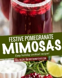 Refreshing and so quick and easy to make, these Pomegranate Mimosas are great for brunch, or a holiday party!  Tips on other flavor variations and how to make a pitcher for a large crowd! #mimosas #brunch #pomegranate #champagne #sparkling #holiday #cocktail #drinkrecipe