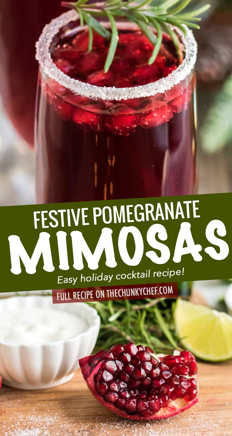 Refreshing and so quick and easy to make, these Pomegranate Mimosas are great for brunch, or a holiday party!  Tips on other flavor variations and how to make a pitcher for a large crowd! #mimosas #brunch #pomegranate #champagne #sparkling #holiday #cocktail #drinkrecipe