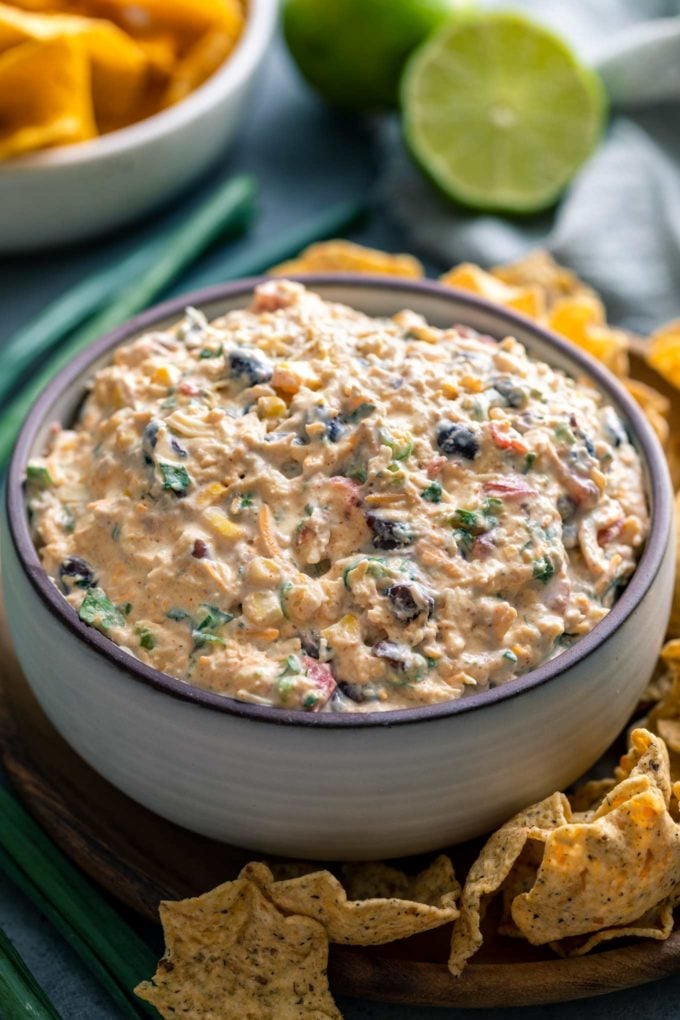 Chicken taco dip in serving bowl