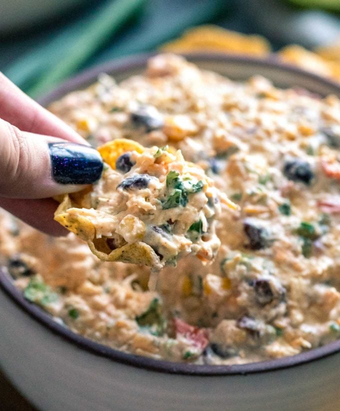 Chip scoop of chicken taco dip