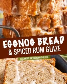 Quick bread recipe made with real eggnog, warming spices and rum, topped off with a sweet cinnamon rum glaze!  This holiday eggnog bread is perfect as a dessert, or holiday breakfast.  Makes one large loaf, or 3 smaller loaves. #eggnog #bread #quickbread #holidaybaking #christmas #bakingrecipe #dessert #breakfast