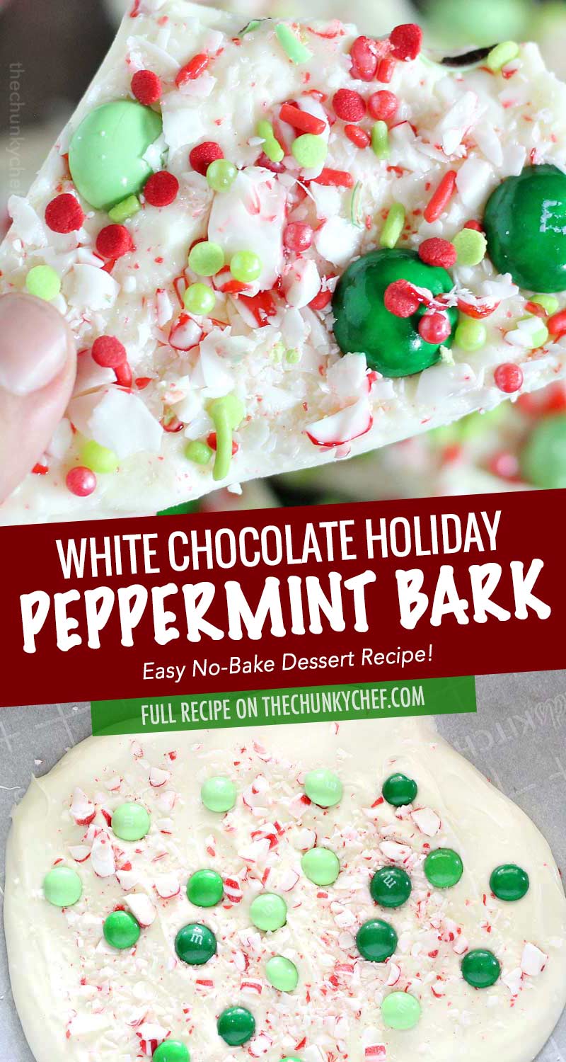 Holiday Peppermint Bark - the easiest, no-bake dessert made using simple ingredients like white chocolate and candy canes, and SO easy to customize for any holiday!  Great for Christmas dessert trays or to give away as holiday gifts! #dessert #nobake #easyrecipe #holiday #Christmas #peppermint #bark #white chocolate