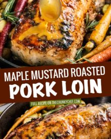 This Maple Mustard Roasted Pork Loin is SO moist and flavorful, you'll definitely want seconds!  A simple brine gives the pork such great flavor and texture.  Perfect for a holiday or weekend dinner! #porkloin #pork #roasted #brine #maple #mustard #holidaydinner #weekenddinner #easyrecipe