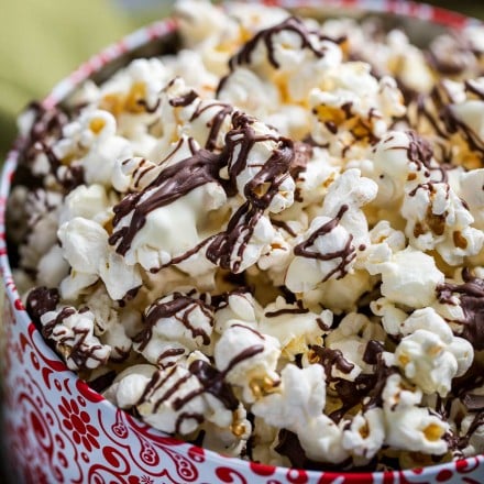 Chocolate covered popcorn in gift tin