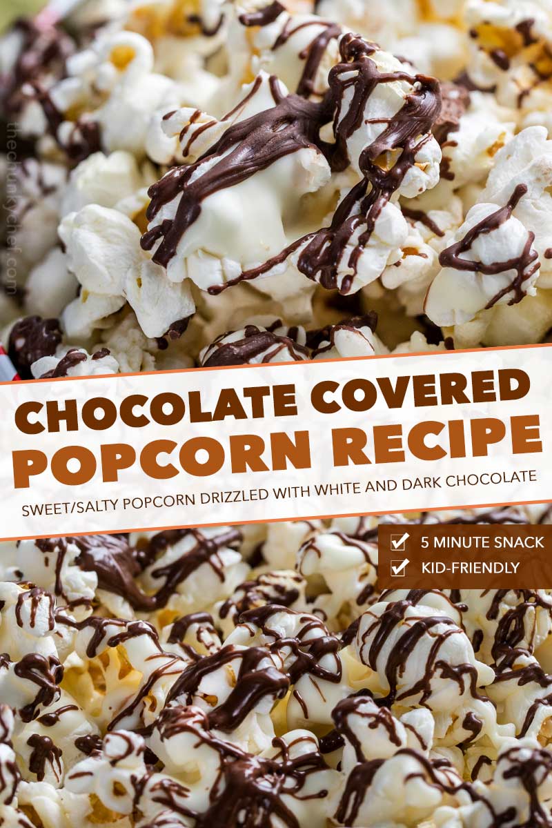 Chocolate covered popcorn made with both white and dark chocolate.  This easy, 5 minute snack recipe is the perfect combination of sweet and salty! #snack #popcorn #chocolate #easyrecipe #zebrapopcorn #popcornrecipe 