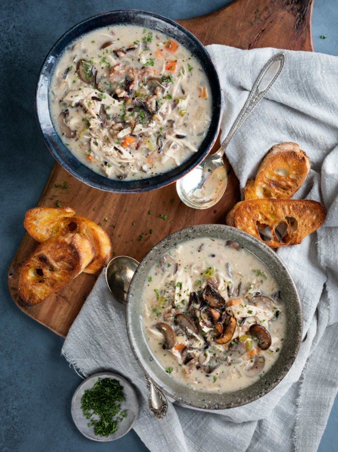 Bowls of chicken wild rice soup