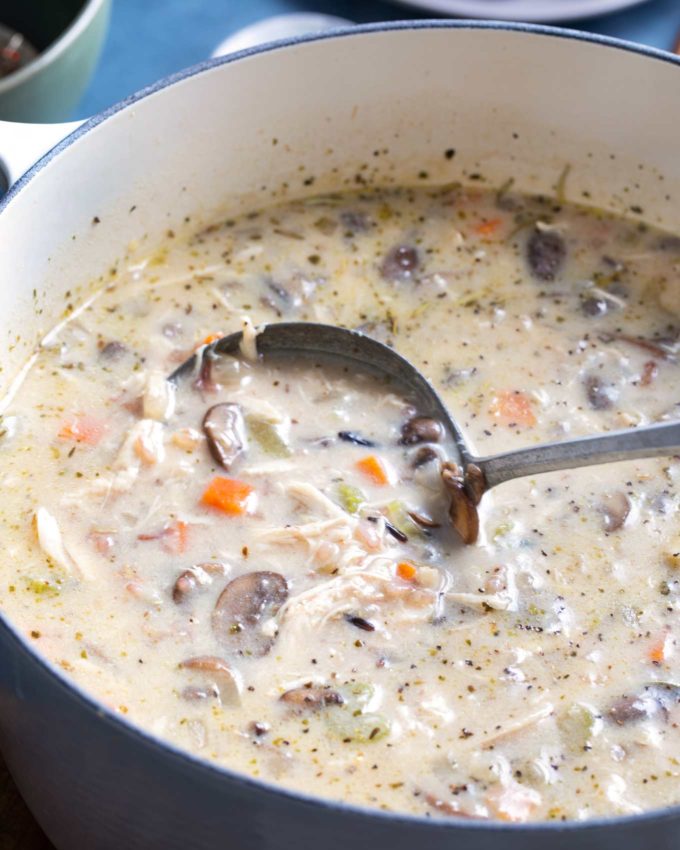 Chicken wild rice soup in dutch oven with ladle