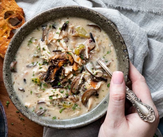 Bowl of chicken wild rice soup with spoon